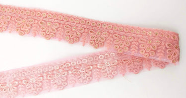 Pink Net Lace Trim With Floral Embroidery And Gold Sequins, Sequinned Trim, Wedding Trim Bridal Trim